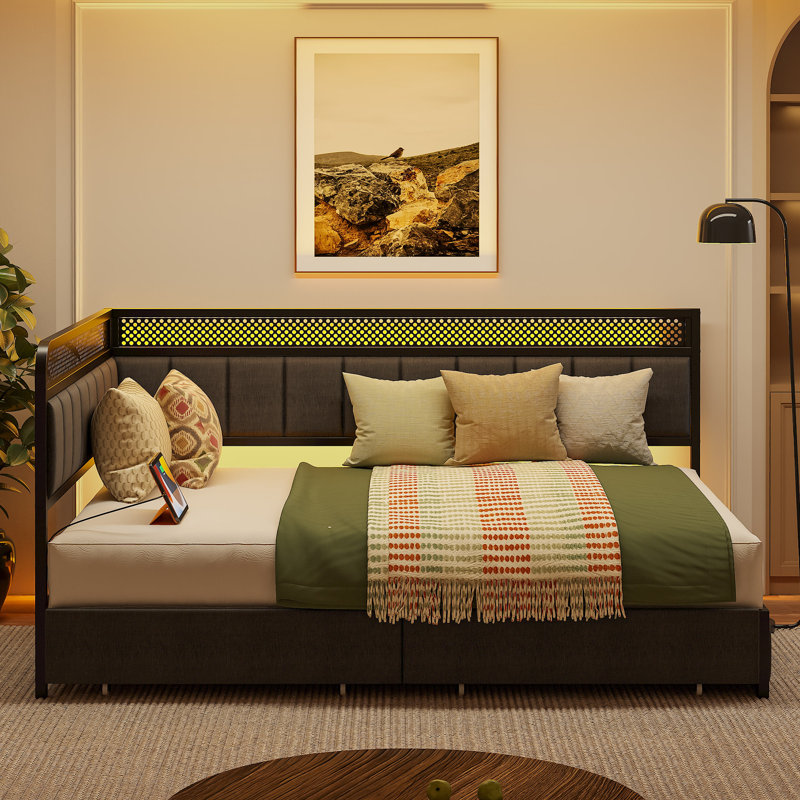 Modern Twin Daybed With Storage & Charging - Corner Design, Led Lights, Gray, Twin XL