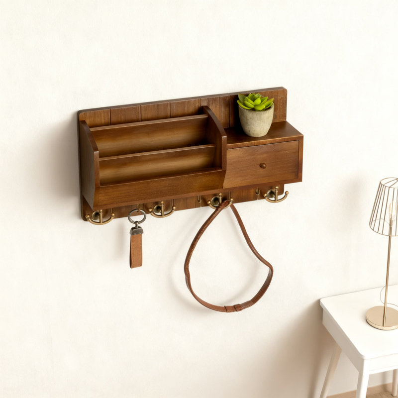 Wall Mount Key Holder With Mail Organizer, Drawer And Multiple Hooks, Space Saving Entryway Organizer For Home Decor And Wall Organization