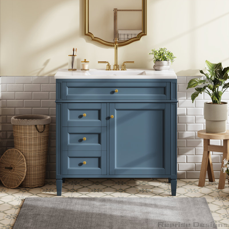 Armoire de rangement de salle de bain moderne 36 po avec lavabo supérieur, 2 tiroirs et un tiroir basculant, Bleu indigo