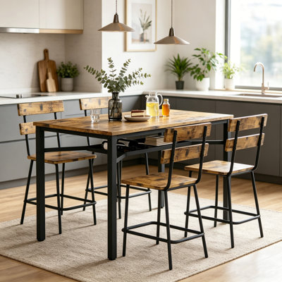 Modern Industrial 5 Pieces Dining Table Set for 4, Rectangular Wood Grain Top Counter Height Dining Table & 4 Ladder Backrest Chairs with Footrest, Bar Table Set with Metal Frame & Built-in Storage Rack for Apartment Kitchen Bistro
