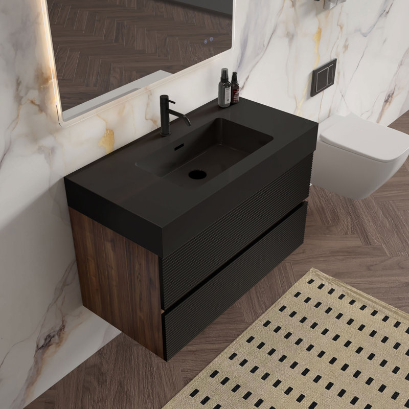 Meuble-lavabo mural avec plateau noir mat, Noir mat, 36", Noyer foncé
