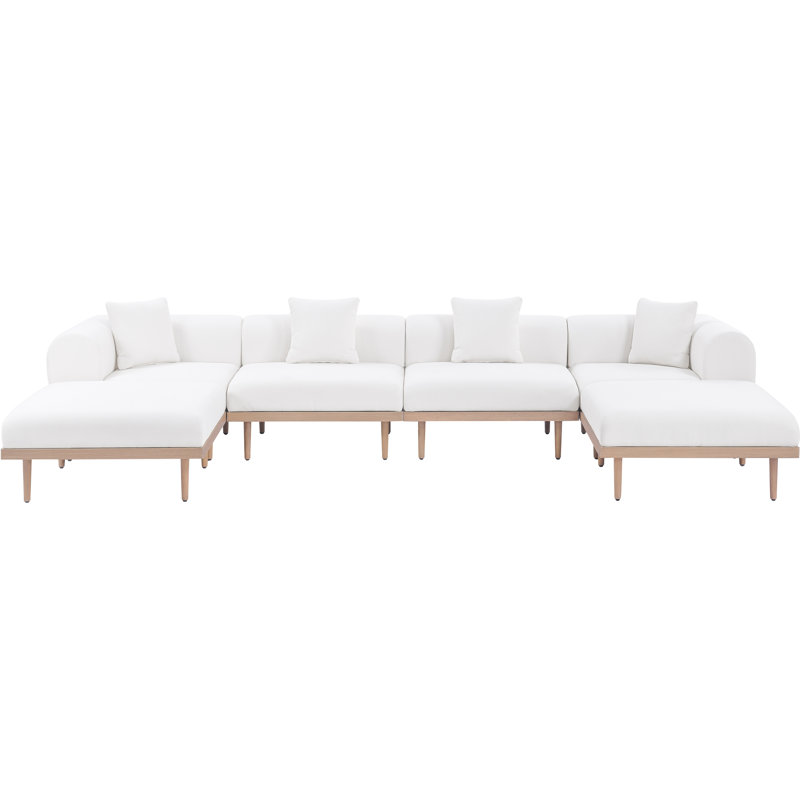 Madeleine 142" Resilient Water Resistant Olefin Fabric Upholstered 6Pc. Outdoor Patio Modular Sectional, Cream