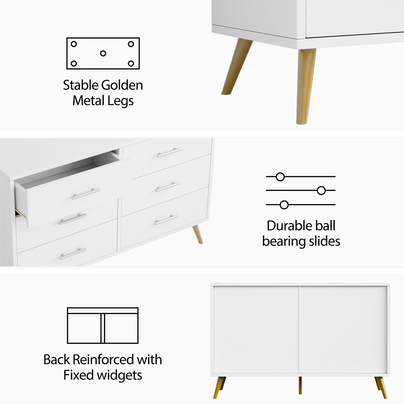 Commode 6 tiroirs pour chambre Tamica, Blanc