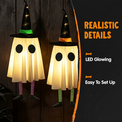 Set of 3 Lighted Hanging Halloween Ghost Witch Decor, Battery‑Operated Warm White LED Ghost Ornaments with Witch Hat & Striped Legs, Purple‑Green‑Orange Accent, Indoor Outdoor Halloween Tree Porch Hanging DecorationsWayfair