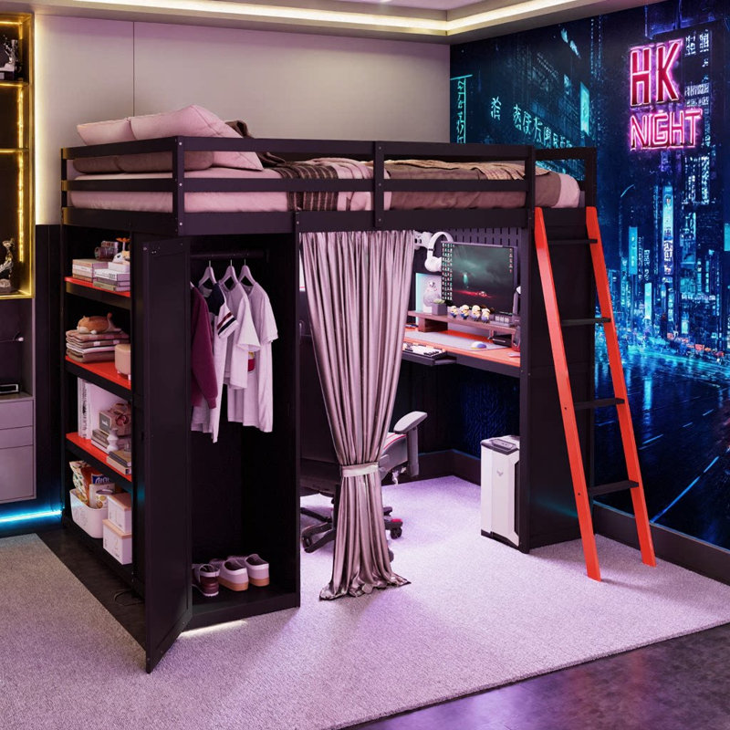 Space-Saving Full Size Wood Loft Bed with Built-In Desk, Wardrobe, Shelves, Blackout Curtains & APP-Controlled RGB Lights