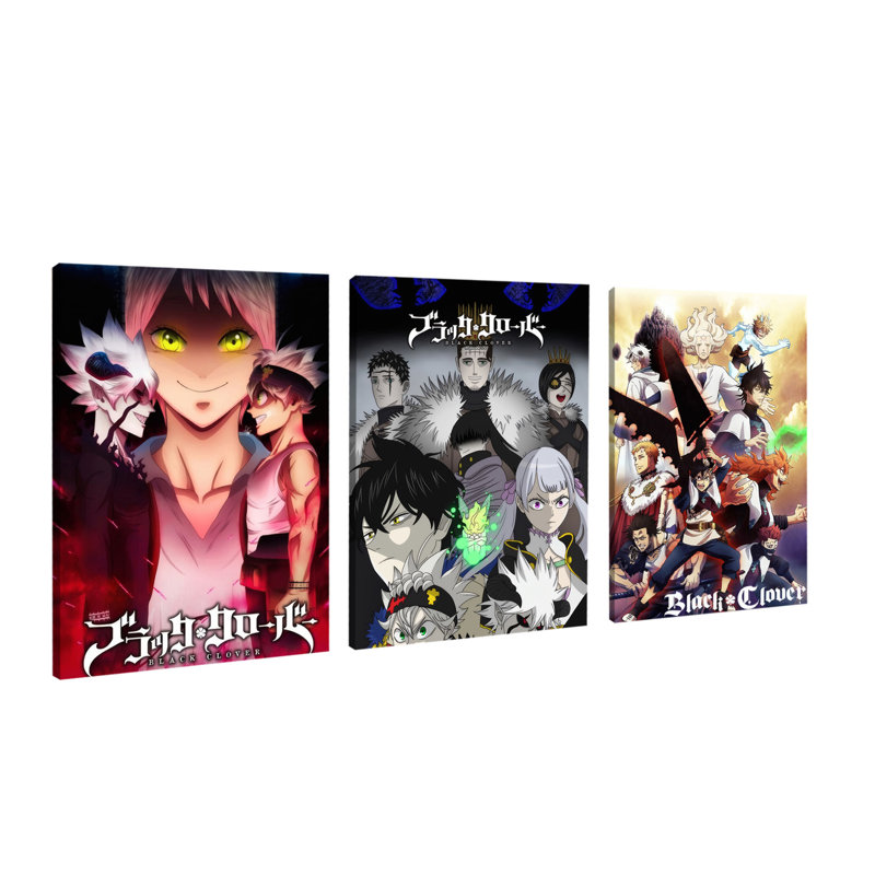 Ensemble de 3 affiches encadrés, décoration murale sur toile Black Clover (anime) avec Asta, Yuno et les chevaliers magiques. Impression de haute qualité pour chambre, salon et décoration intérieure. Cadeau idéal pour les amateurs d'anime et de manga.