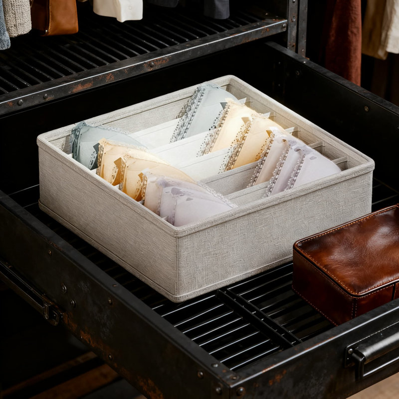 Foldable Linen Fabric Underwear Storage Box With Dividers - Washable & Fade-Resistant, Non-Deformable PP Side Panels, Multi-Compartment Organizer For Drawers Or Wardrobes, Formaldehyde-Free