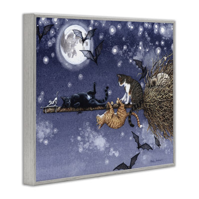 «Joyriding Cats on Broom», art de la giclée encadrée par Maggie Vandewalle