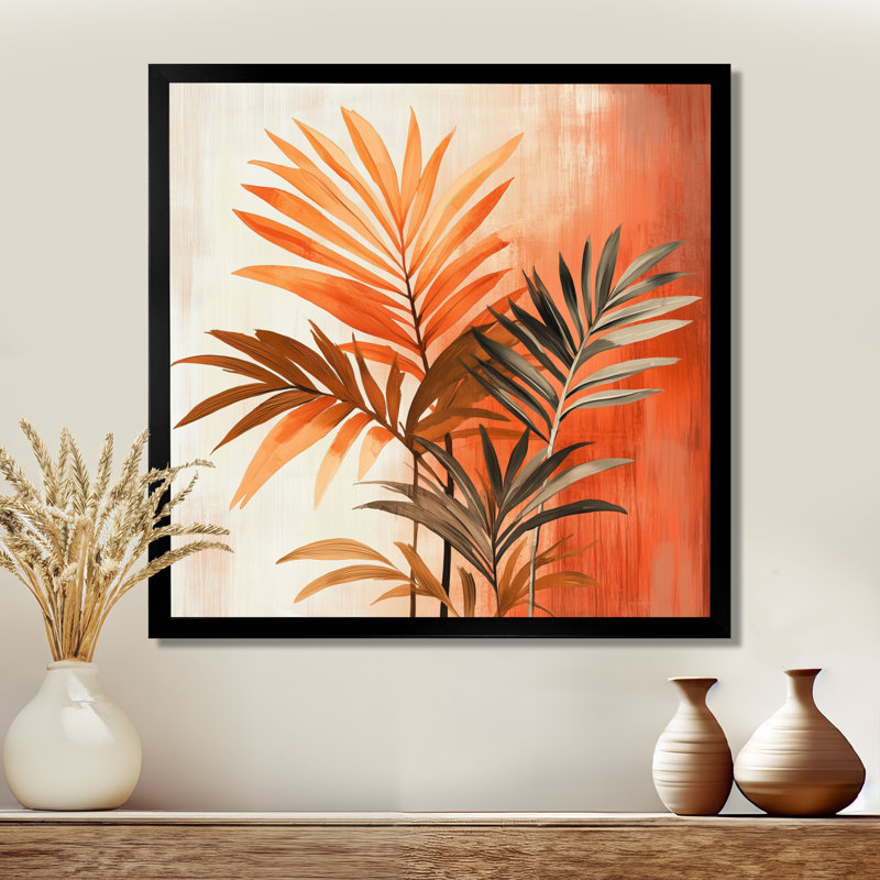 Ambiance Palmiers Orange Noir et Terre Cuite II - Tableau encadré Palmiers et Arbres, H 16 po x l 16 po, Black Picture Framed