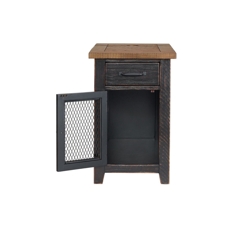 Jakendra Solid Wood End Table with Storage and Built-In Outlets, Honey Top/Antique Black Base