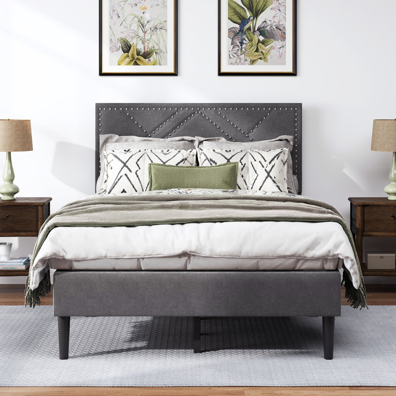 Linen Fabric Bed Frame, Full, Gray 2