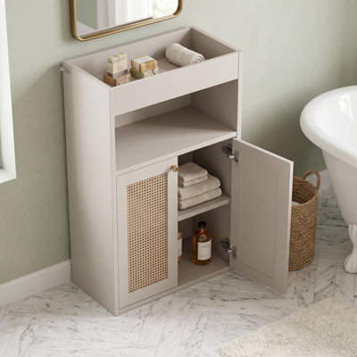 Freestanding Bathroom Storage Cabinet with 2 Rattan Doors Floor Cabinet Modern Accent Cabinet for Living Room Hallway Kitchen