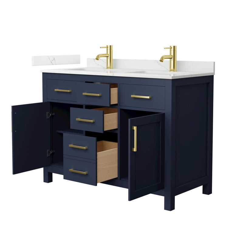 Beckett 48" Freestanding Double Bathroom Vanity with Quartz Top, Dark Blue, Brushed Gold, Giotto Quartz