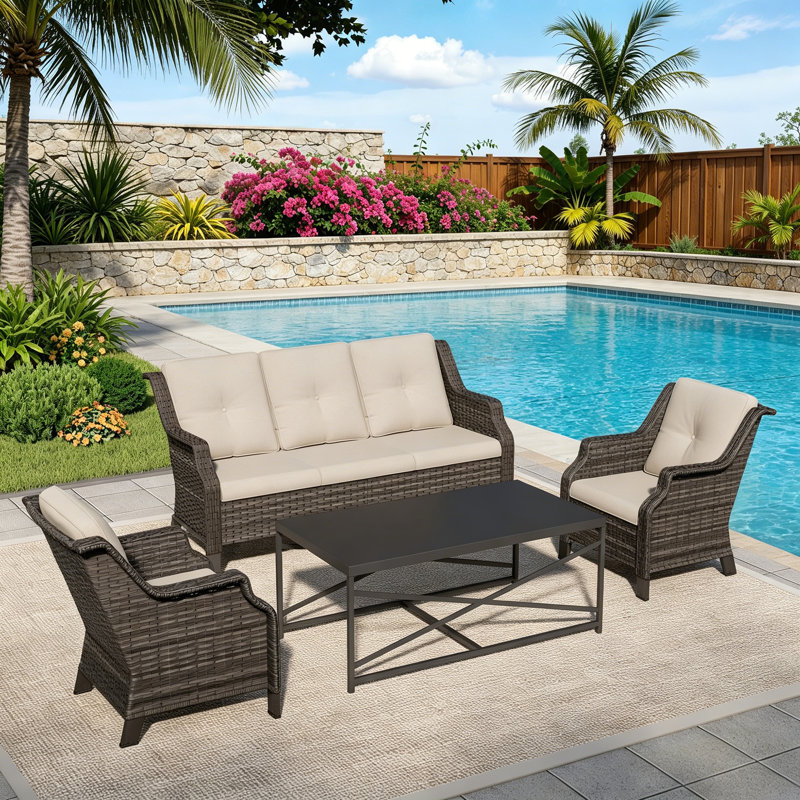 4-Piece PE Wicker Patio Furniture Set, 3-Seat Sofa,2 Chairs,Coffee Table & Beige Cushion, Beige