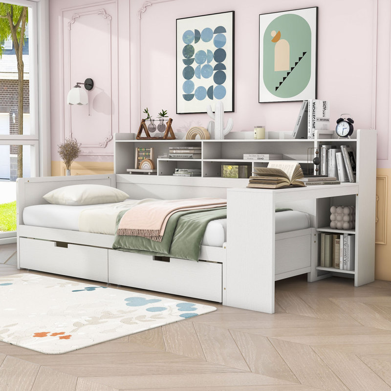 Multifunctional Wooden Daybed with Built-in Desk, Side Storage Shelves and Drawers, Twin, Antique White