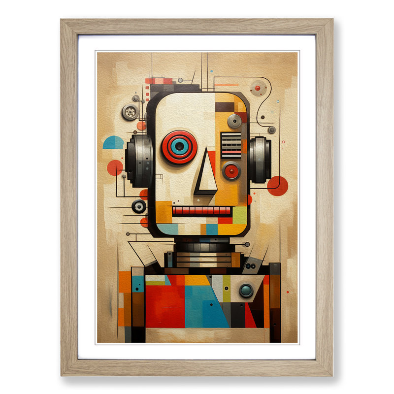 Robot Geometric - Single Picture Frame Print on Wood, 46cm H x 34cm W x 2cm D, Oak Framed