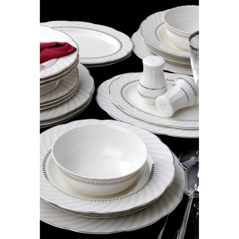 Ensemble de vaisselle élégante 56P, 100% porcelaine, blanc, comprenant 6 assiettes de service (10,6 po), 6 assiettes profondes (9,1 po), 6 assiettes à dessert (8,3 po), 6 bols (5,9 po), 3 plateaux en S (9,4 po) , 1 litre (11 po) va au lave-vaisselle et au micro-ondes, parfait pour recevoir