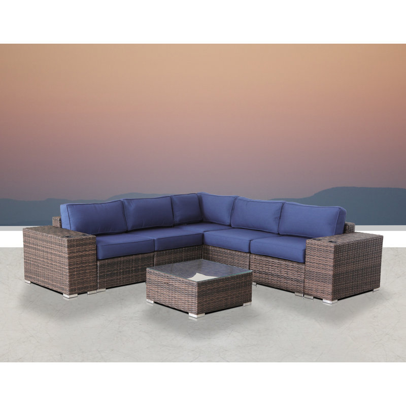 Tonioni Resort Grade Fully Assembled 8 Piece Sunbrella Sectional Seating Group, Brown Frame/Sunbrella Navy Blue Cushion
