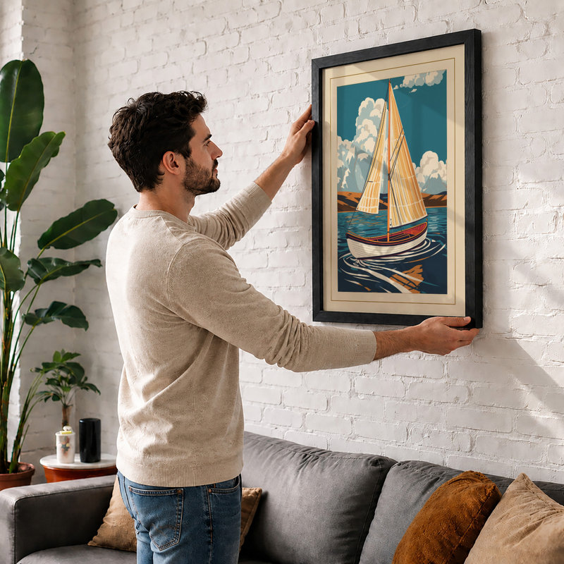 Sailing Through Teal Waters Coastal - Framed Print, A4 - 29.7 x 21.0 cm, Oak