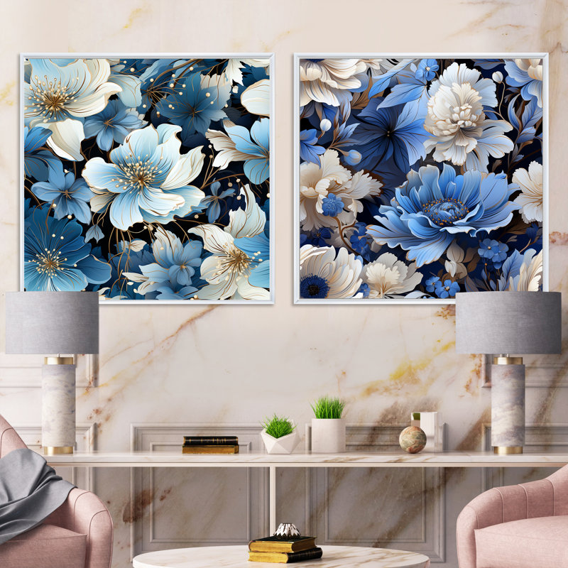 Gallucci - Ensemble de 2 collages carrés floraux, H 16 po x l 33 po, Cadre flottant blanc