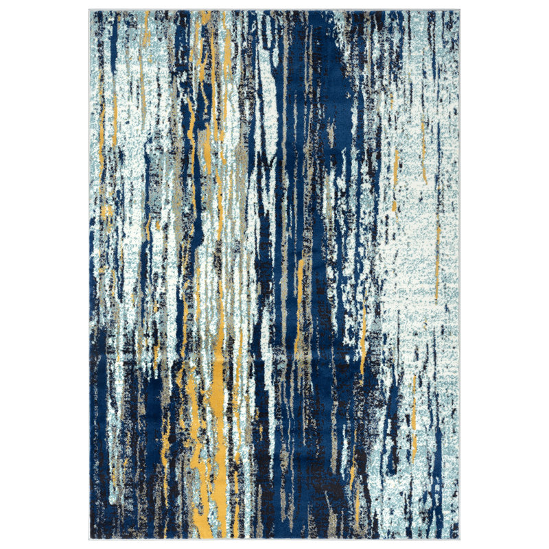 Laguna Blue and Yellow Abstract Synthetic Round Rug