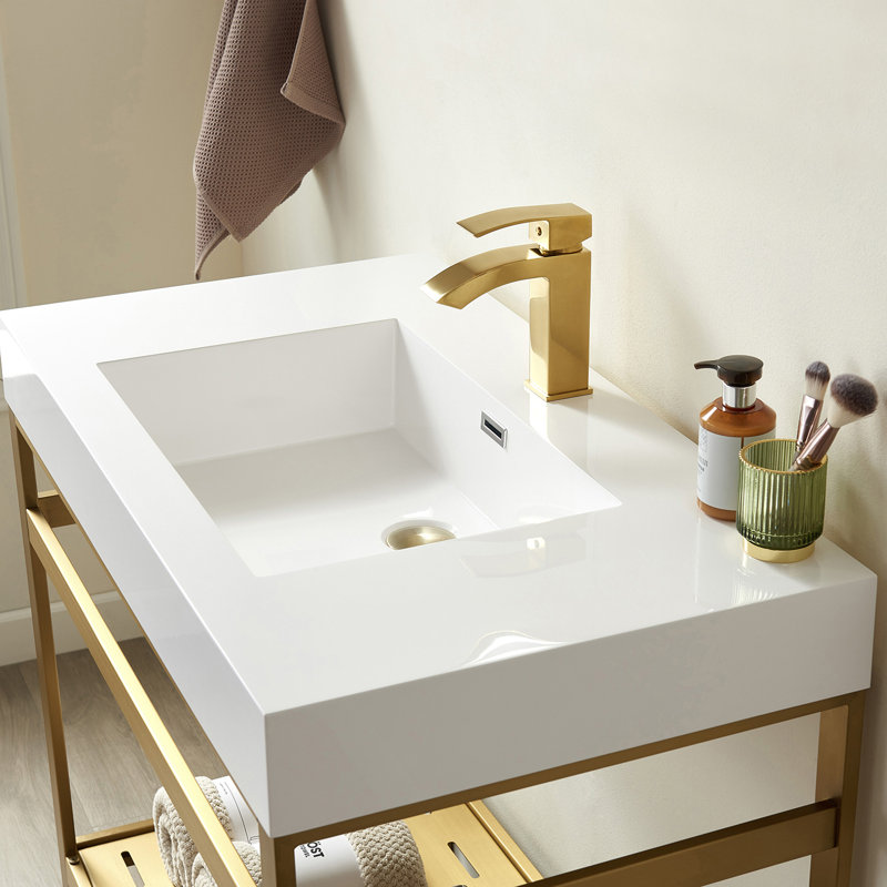 Ensemble de meuble-lavabo simple 35,8 po Jerrod, Or brossé, Blanc, Blanc