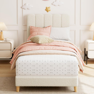 Twin-XL Size Boucle Upholstered Platform Bed Frame with Wave Headboard for Girls and Kids, Sturdy Wooden Slats Support, No Box Spring Needed, Easy Assembly - White Lamb Fleece