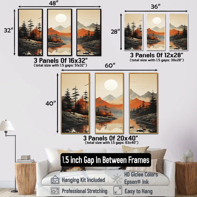 «Mountains Whisper Sunset Dreams - Minimalisme, ensemble d'art sur toile, H 28 po x l 36 po x P 1 po, Cadre flottant noir
