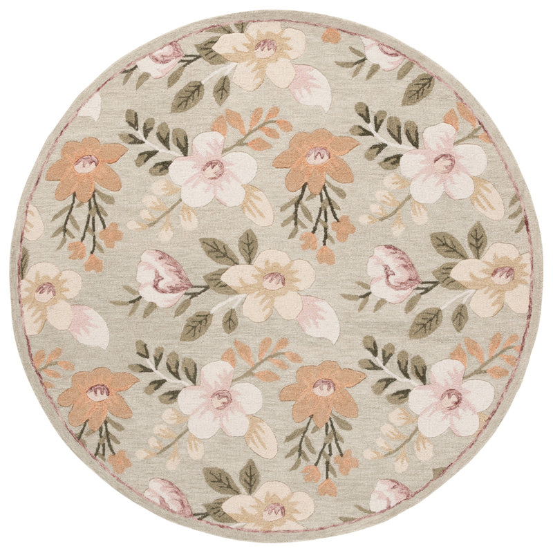 Aavni Hand Tufted Wool/Cotton Performance Floral Rug in Sage/Ivory, Round 6'