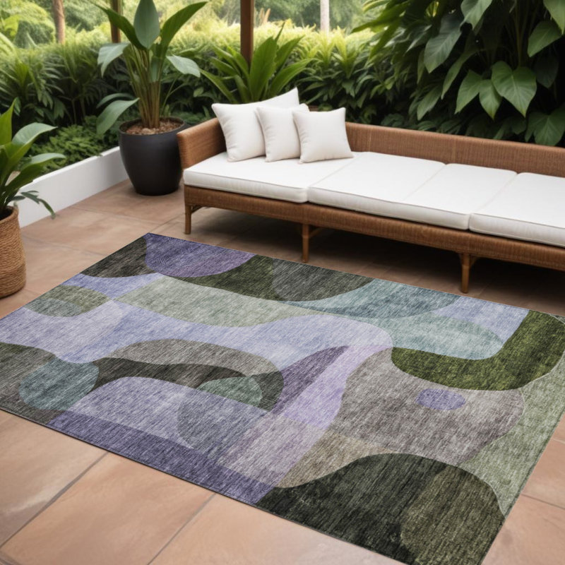 Tapis extérieur lavable abstrait vert olive et gris anthracite 10 pi x 14 pi