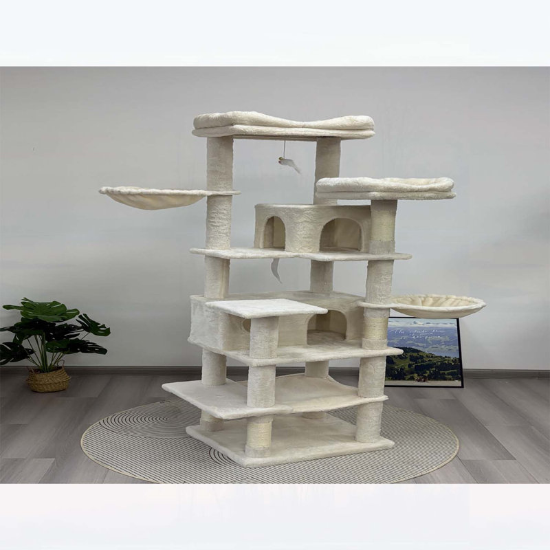 Arbre à chat de 68 po de hauteur à plusieurs niveaux avec hamacs, panier suspendu, grotte pour chat, coussin amovible, poteaux à griffer - tour de chat en peluche pour chats d'intérieur, parfait pour plusieurs chats - beige