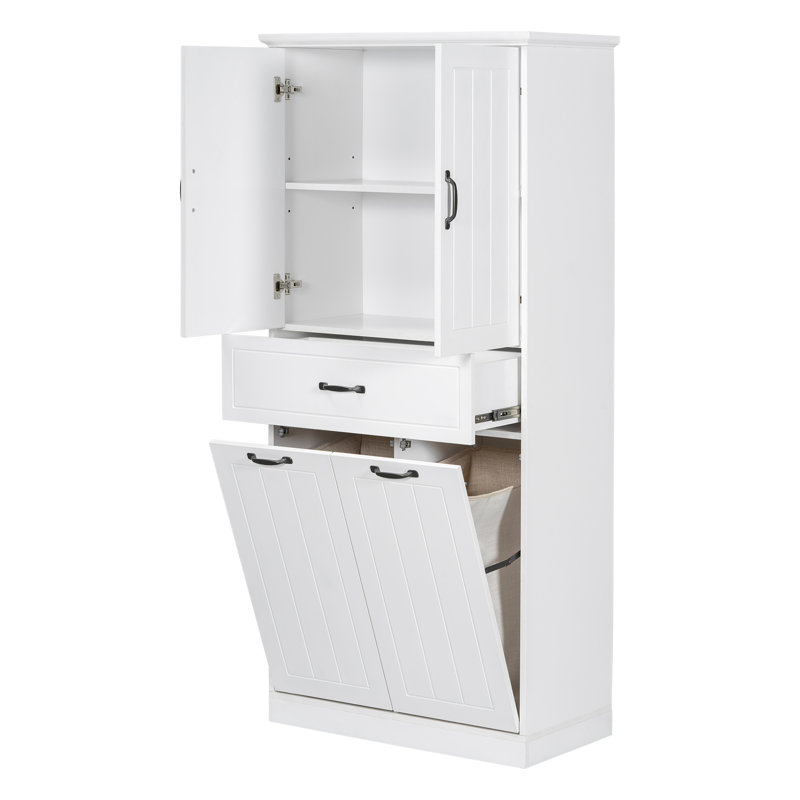 Laundry Cabinet With Two Laundry Baskets With Two Cloth Bags, Storage Cabinet With Doors And Drawer, White