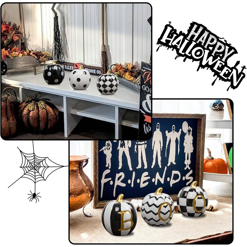 Décorations d'Halloween d'intérieur - ensemble de 6 citrouilles d'Halloween en céramique - assorties de citrouilles noires et blanches pour l'automne