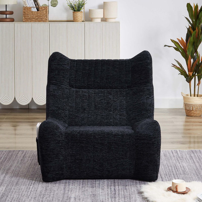 Graysen Velvet Bean Bag Chair with Armrests & Side Pocket, Black Chenille