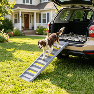 Rampe d'escalier pliable pour chien, 154 cm (L) x 40 cm (l) x 8 cm (H), en PEHD, 1 pièce, grise, 10 marches, surface antidérapante, pour voiture, camion, VUS, capacité de 25 kg