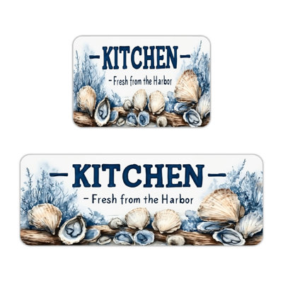 Coastal Nautical Oyster Shell Print 2 PC Kitchen Rugs, Kitchen Seafood Prep Zone