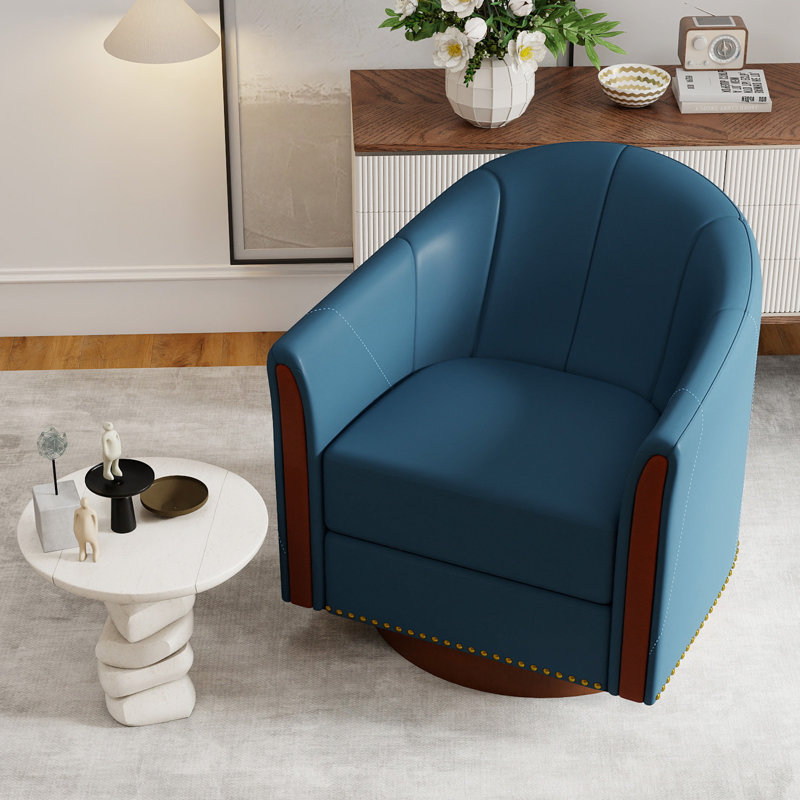 28"W Modern Vegan Leather Swivel Barrel Chair with Solid Wood Base, Blue