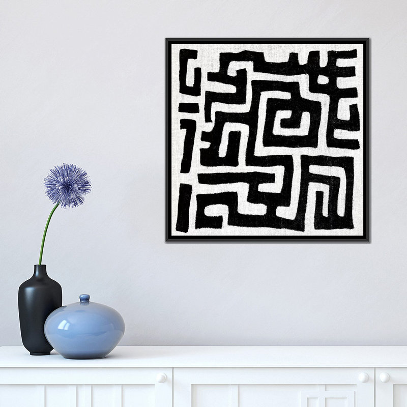 «Mudcloth White Geometric Design I», impression sur toile, Toile encadrée noire, Pas de tapis, H 18 po x l 18 po x P 1,5 po