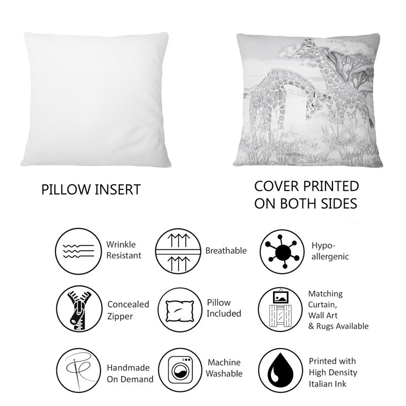 Coussin décoratif à imprimé traditionnel noir et blanc Giraffes In Safari