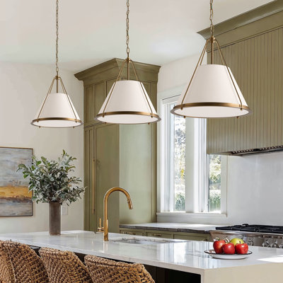 Scintilla Modern Pendant Light – 21" Metal, Fabric & Brass, Ivory White Medium Drum 1-Light Hardwired Dimmable Light Fixture for Kitchen, Kitchen Island, or Dining Room in Modern, Minimalist, and Transitional Style