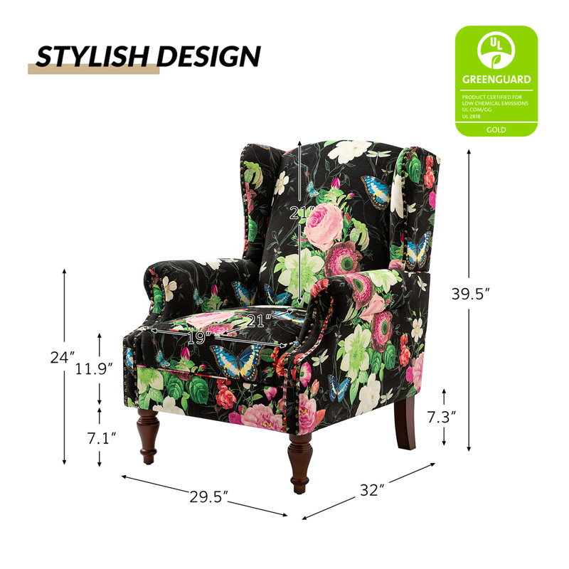 Fauteuil d'appoint à oreilles rembourré Anndi, Polyester noir