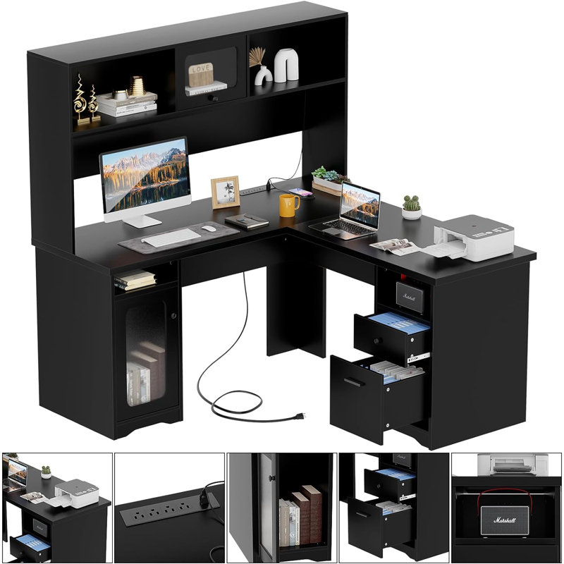 Black L-Shaped Executive Desk with Hutch and Power Outlet
