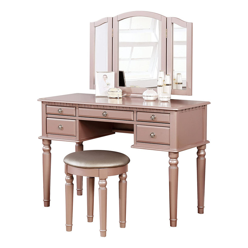 Ensemble de coiffeuse avec miroir pliable, tabouret rembourré et tiroirs de rangement Contemporary