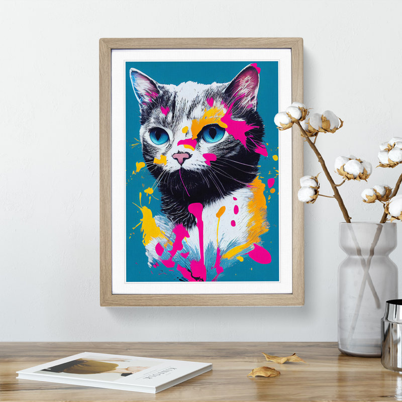 Paint Splat Cat No.3 - Framed Print, 34cm H x 25cm W x 2cm D, Oak
