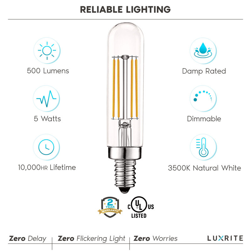 Ampoule DEL Luxrite T6.5 5W = 60W, 3500K, blanc naturel, 500 lumens, ampoules candélabres à DEL à culot variable E12, ensemble de 6 ampoules à filament Edison