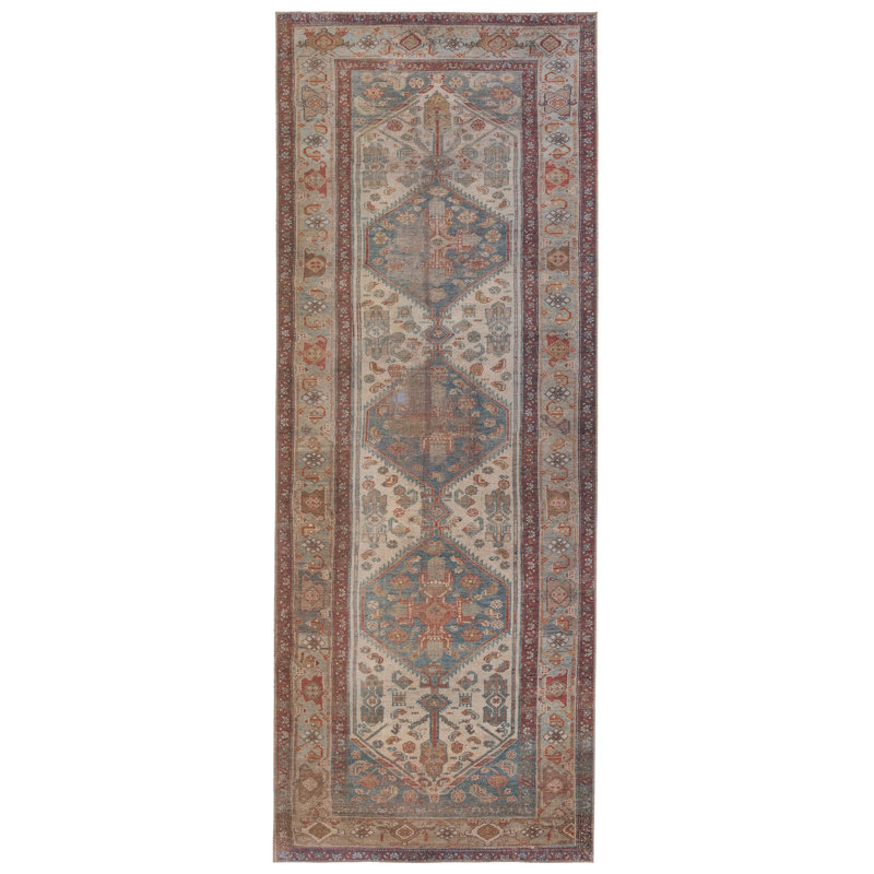 Tapis oriental tissé à la machine en polyester crème / bleu / rouge, Tapis de couloir 3 pi x 8 pi