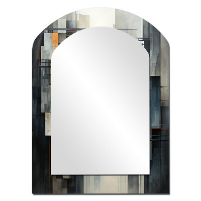 Hardedge Art Urban Geometry I - Hard Edge Painting Arch Mirror, Grey Asymmetrical Decorative Wall Mirror, Printed Metal Art