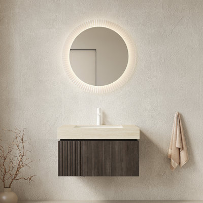 Meuble-lavabo de 30 po avec évier, armoire de rangement en contreplaqué flottant avec tiroir et porte, comptoir en pierre frittée Roma Travertine et lavabo en céramique avec 1 trou de robinet pré-percé, pré-assemblé, grain de bois espresso
