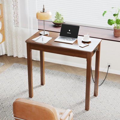Solid Wooden Desk with Drawers - 32 x 16 Inch Narrow Desks with Power Outlets and USB-C Port, Rubberwood Mid Century Modern Desks, Small Writing Desk for Bedroom|Small Spaces - Walnut Color