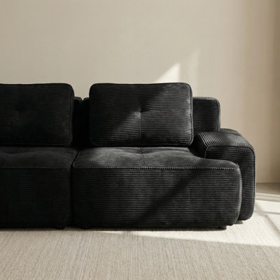 Canapé modulaire rembourré moderne en velours côtelé noir avec assise profonde et capitonné